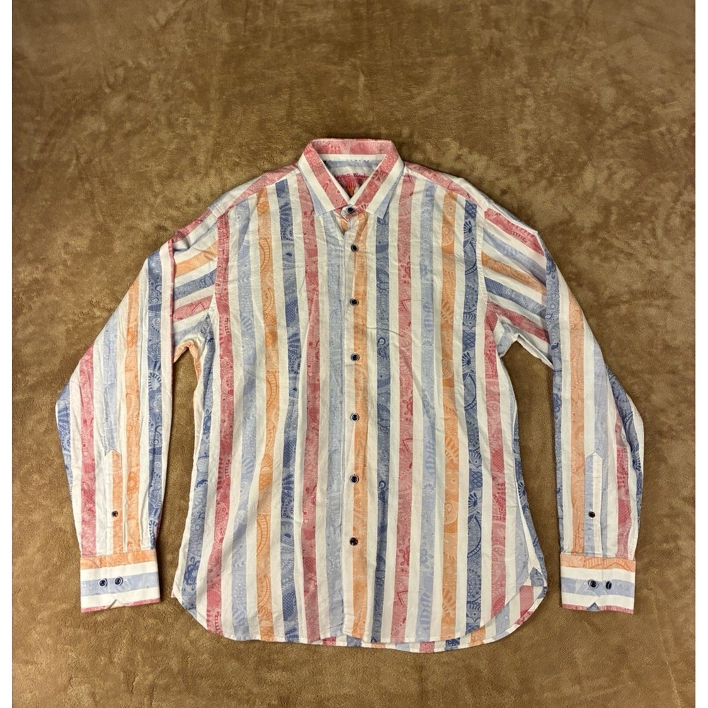 Visconti Black Mens Large Multicolor Striped Long Sleeve Cotton Button-up Shirt